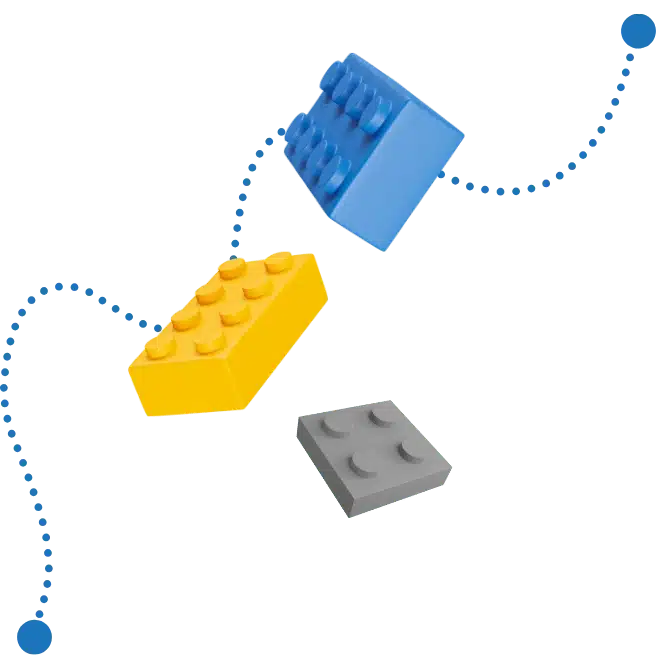 Illustration pour décoration - Des briques jouet tombant vers le bas avec une ligne pointillée bleue en arrière-plan