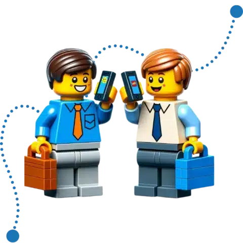 Illustration pour décoration - Deux personnages fictifs en uniforme de bureau, se partageant des informations tout en tenant leur téléphone à la main