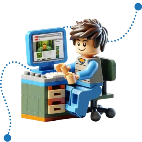 Illustration pour décoration - Un personnage assis à son bureau utilise un site internet vitrine sur son ordinateur.